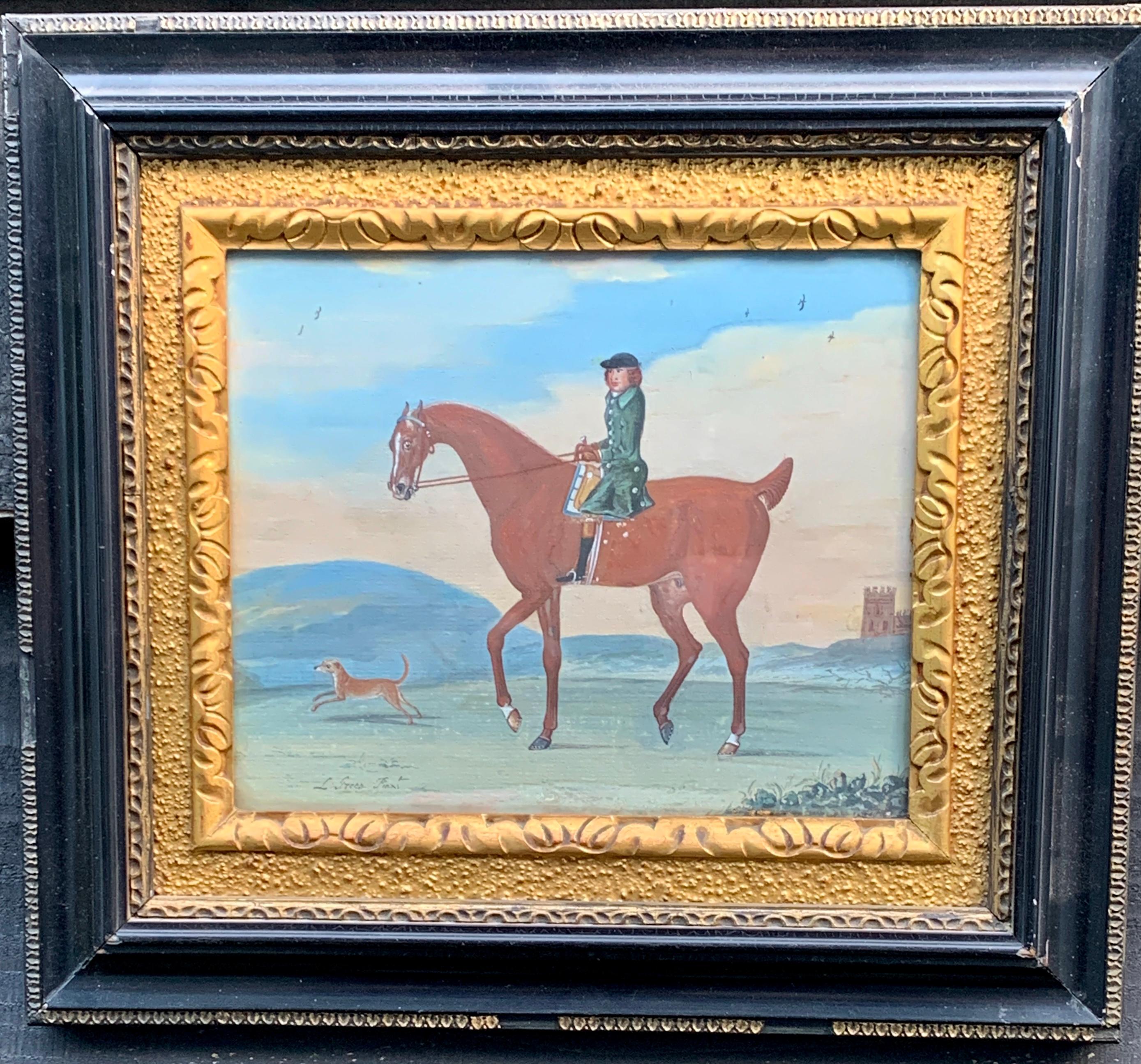 18th century English scene of a man on his horse with his dog in a landscape