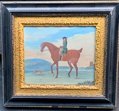 18th century English scene of a man on his horse with his dog in a landscape