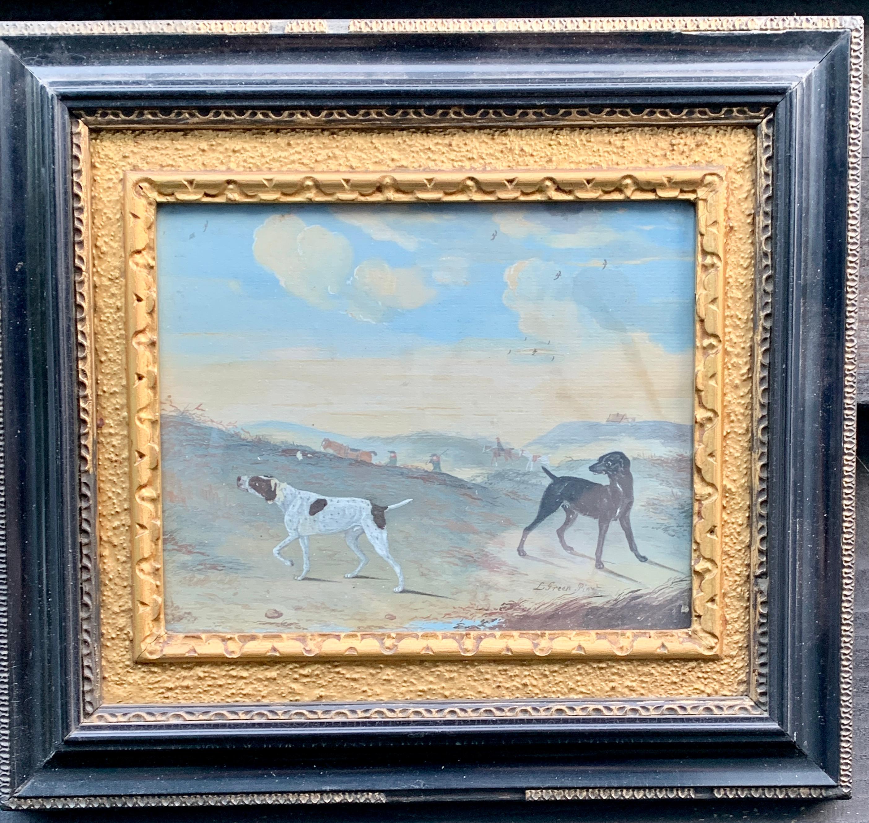 L.Green Figurative Painting - 18th century English scene of pointer dogs out hunting with men shooting birds