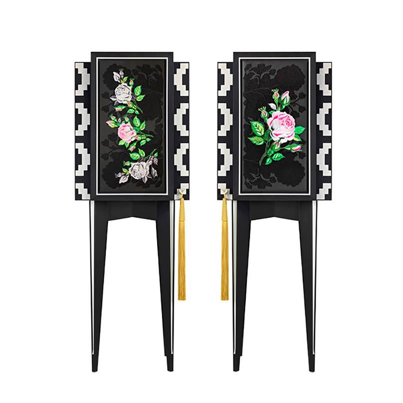 Hand-Crafted LH Black and White Rose Embroidered Mono Secretaire For Sale