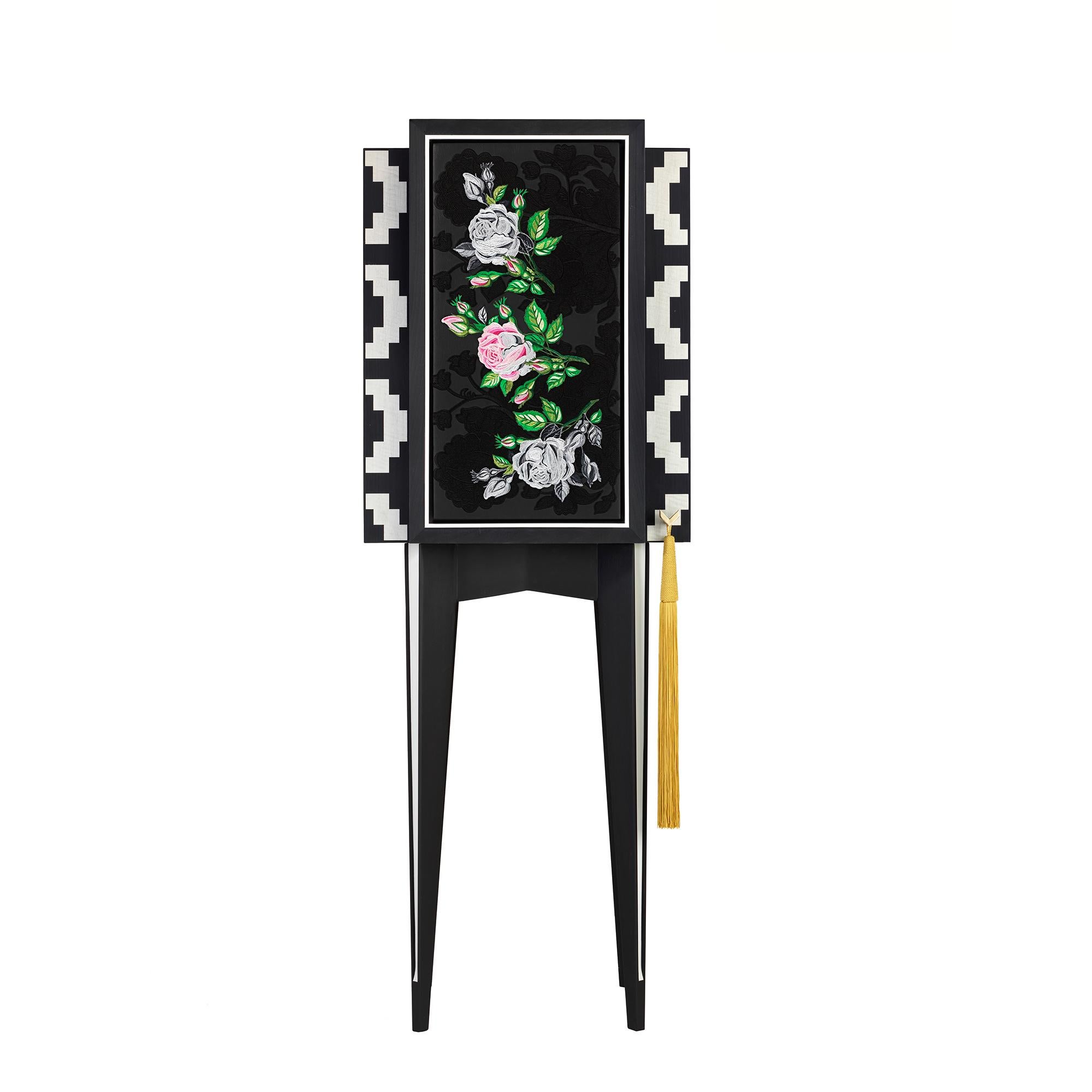 LH Black and White Rose Embroidered Mono Secretaire For Sale