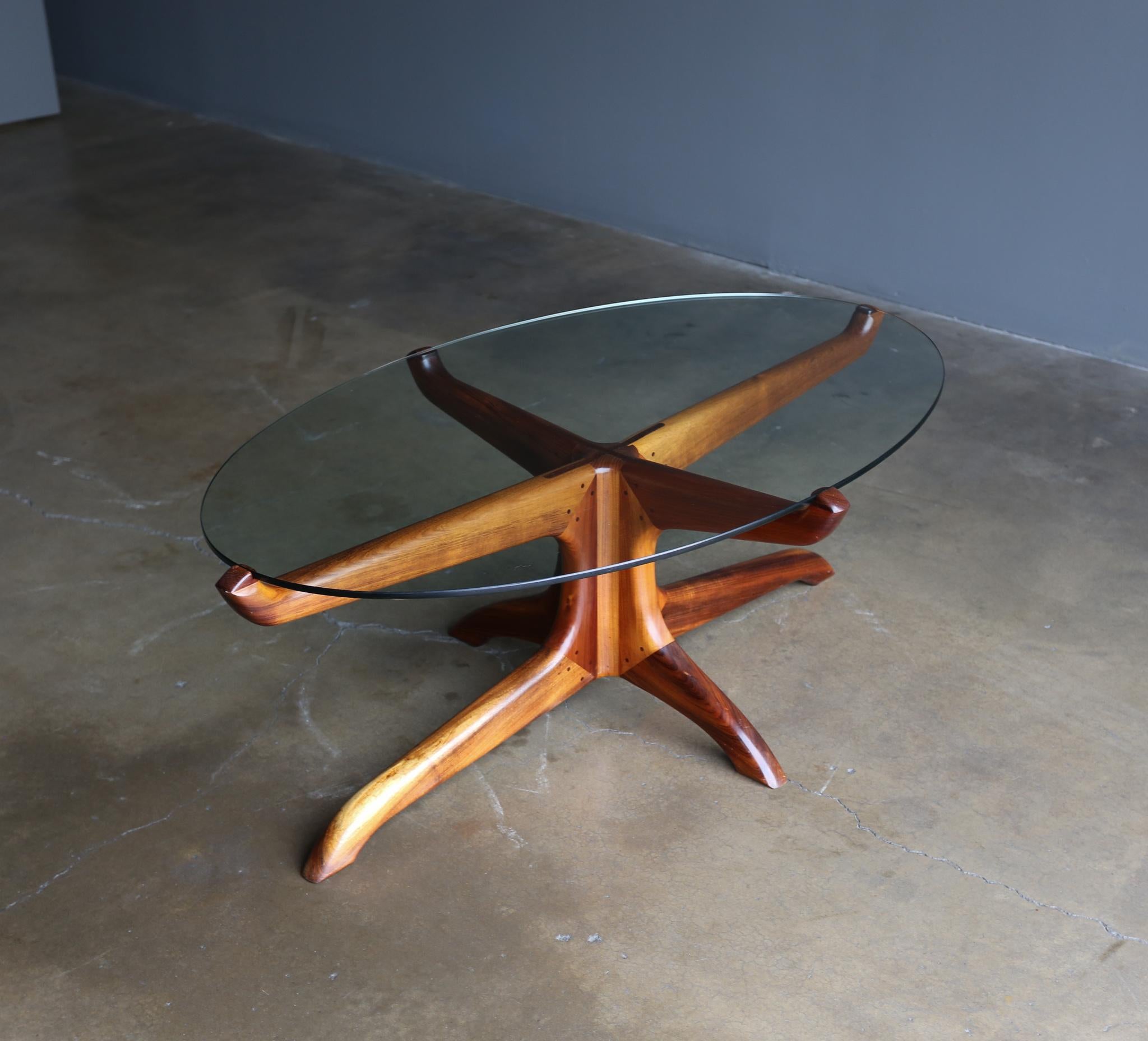 L.H. Kagawa handcrafted wood & glass sculptural coffee table, 1994. This piece is signed & dated to the base.