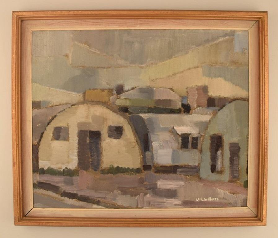 L.H. Lindberg, Sweden. Oil on board. 
Modernist landscape with houses. 1960s / 70s.
The board measures: 52 x 43 cm.
The frame measures: 4.5 cm.
In excellent condition.
Signed.