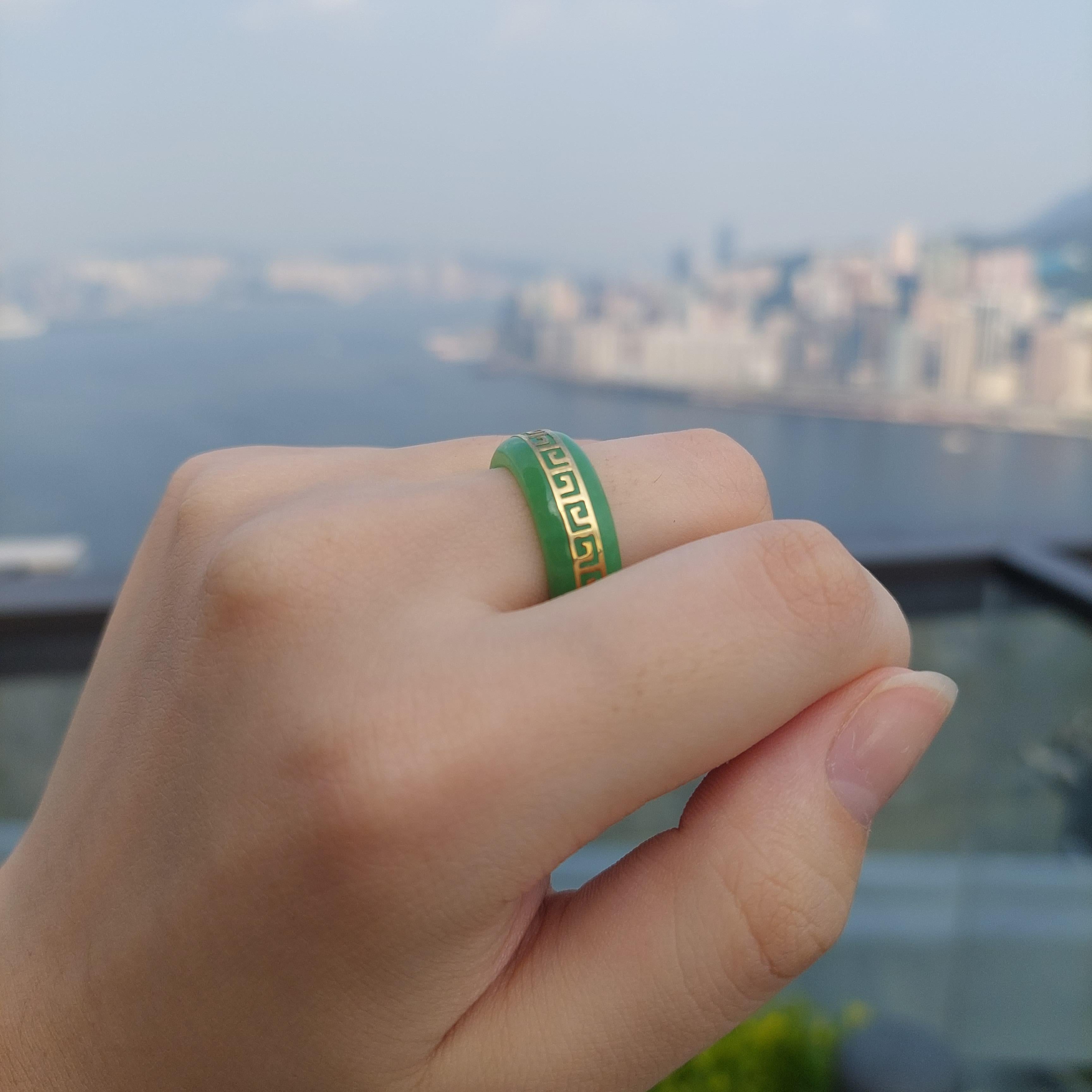 Li Green Jade Jade Band Ring (With 14k Solid Gold) - Cocktail Ring Men/Women For Sale 3