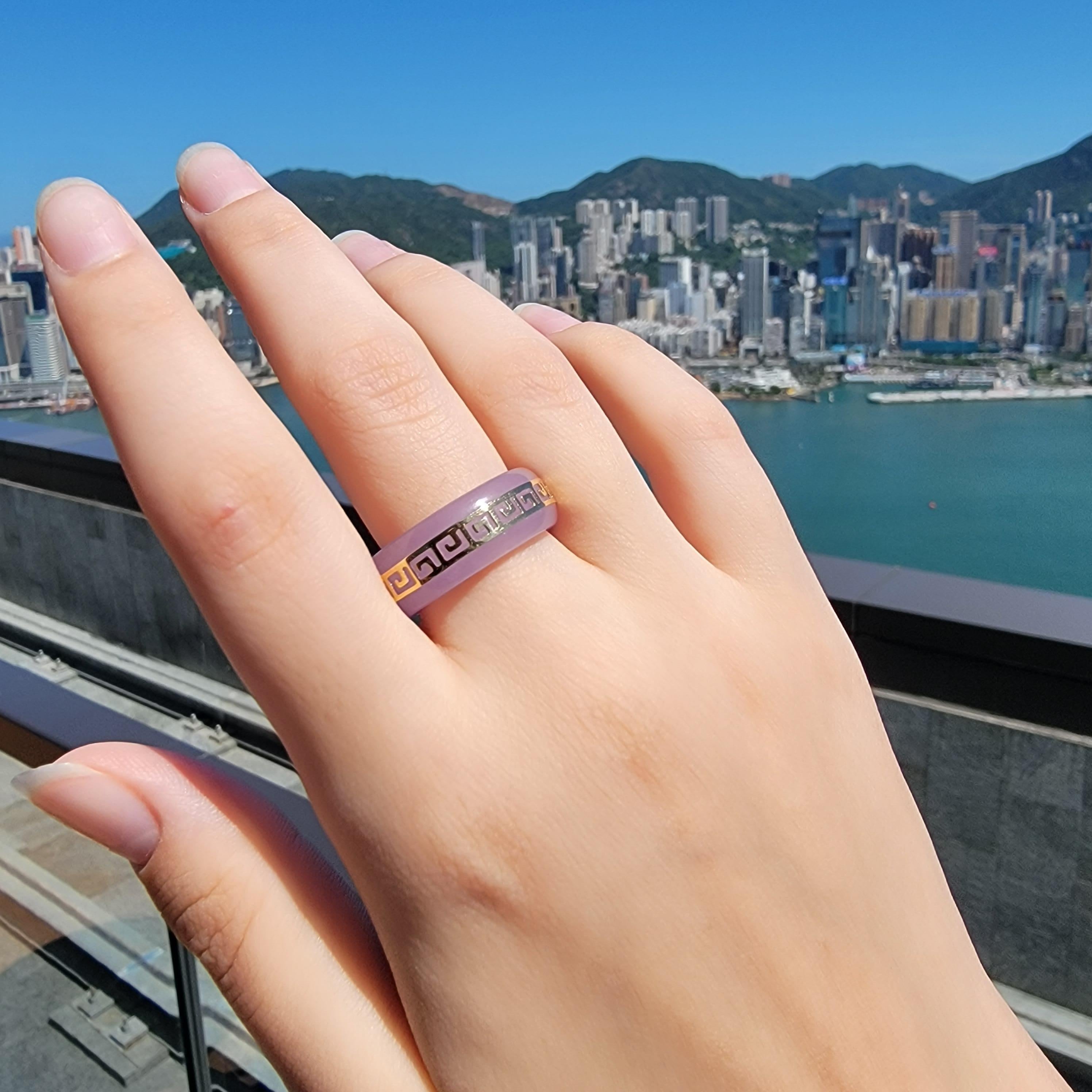 Purple Jade Band Ring with solid 14K Yellow Gold (Hallmark Stamped) for men and women (unisex). 

The infinity band style is perfect for casual and formal wear, easy to dress up. 

The 'Li' rings are named after the Chinese character for Strength.
