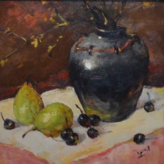 Li Wang, "Still Life with Pears", 12x12 Dramatic Still Life Oil Painting