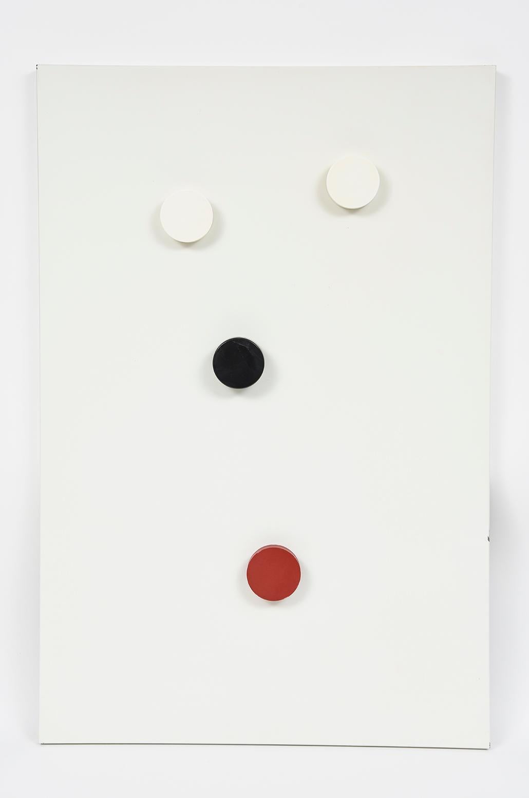 Li Yuan-chia
Cosmic 'Point' Multiple
1929–1994
This Original piece from Lisson Gallery London 1968 Exhibition features a painted white lacquered steel panel with 4 magnetic points plastic 2 white, 1 black and 1 red circles. The magnetic points