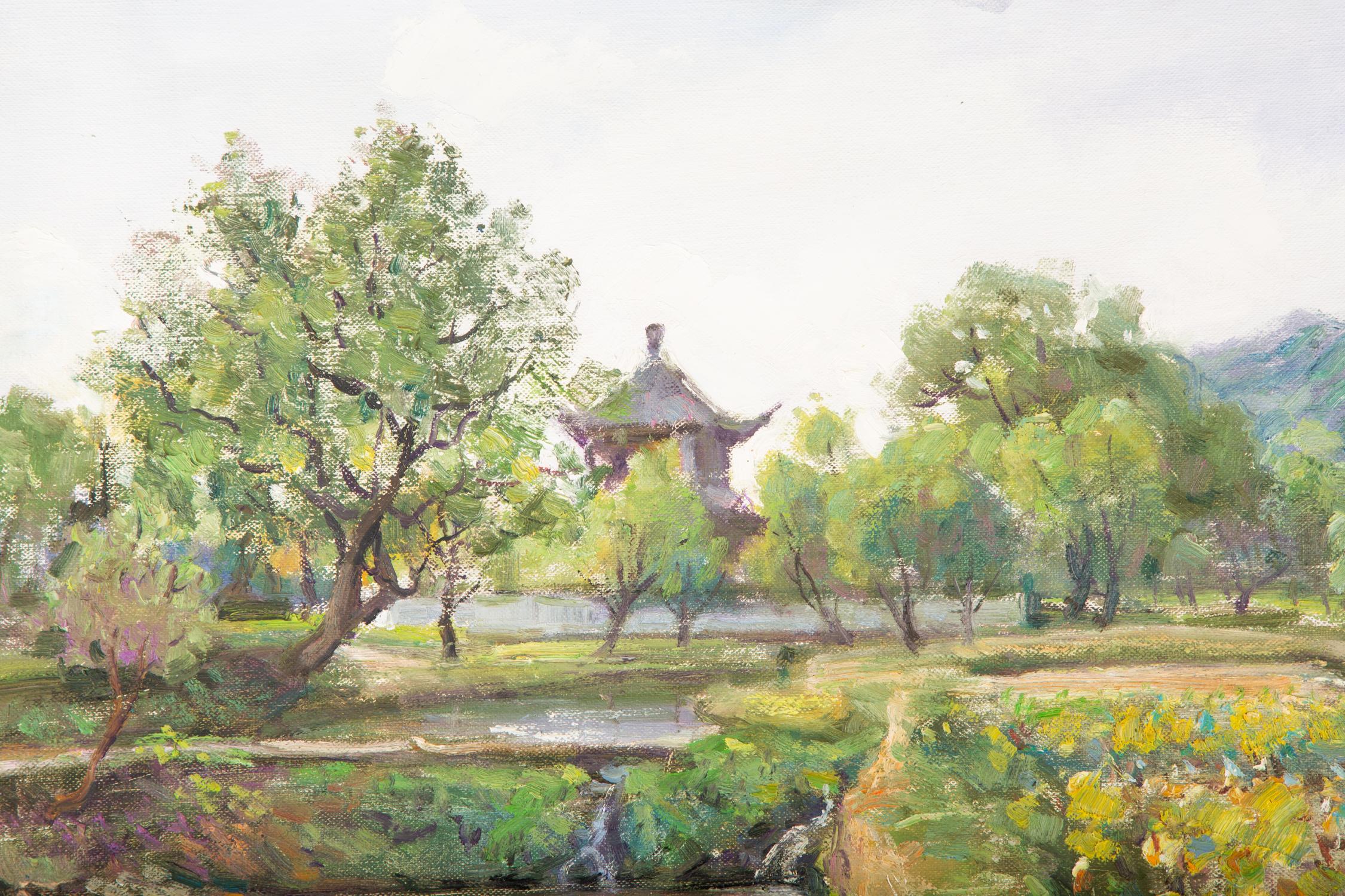 Impressionistisches Original-Ölgemälde auf Leinwand „Wetland Park“ von Li Zhao im Angebot 1