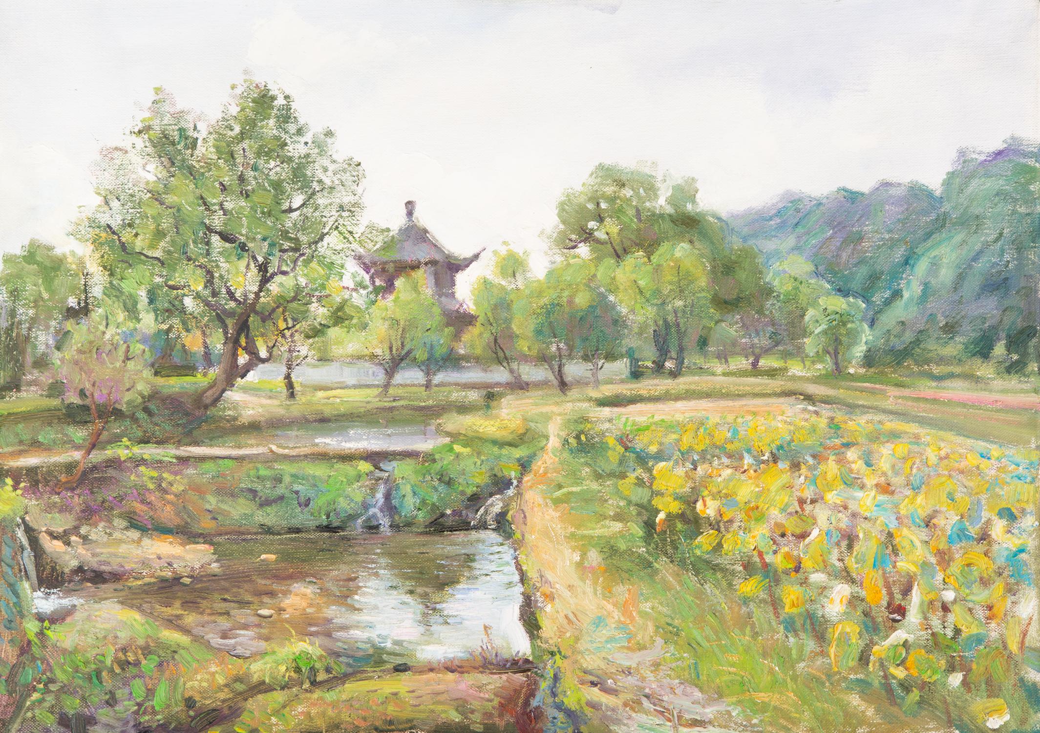  Title: Wetland Park
 Medium: Oil on canvas
 Size: 27.5 x 19.5inches
 Frame: Framing options available!
 Age: 2000s
 Condition: Painting appears to be in excellent condition.
 Note: This painting is unstretched
 Artist: Li Zhao
 Provenance: Direct