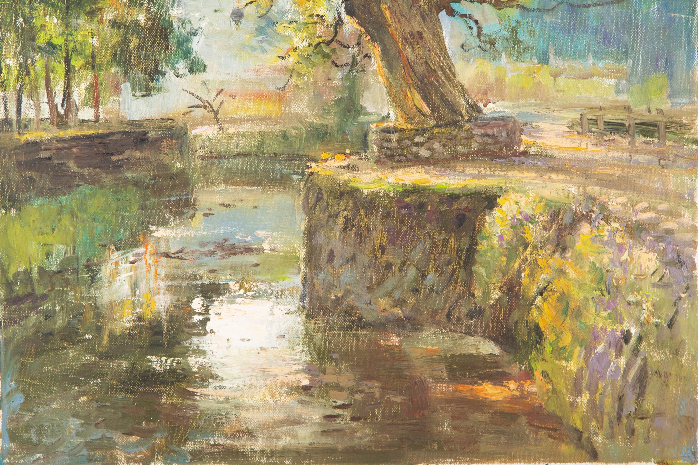 Peinture à l'huile impressionniste originale de Li Zhao « Ancien arbre au bord de la rivière » en vente 2