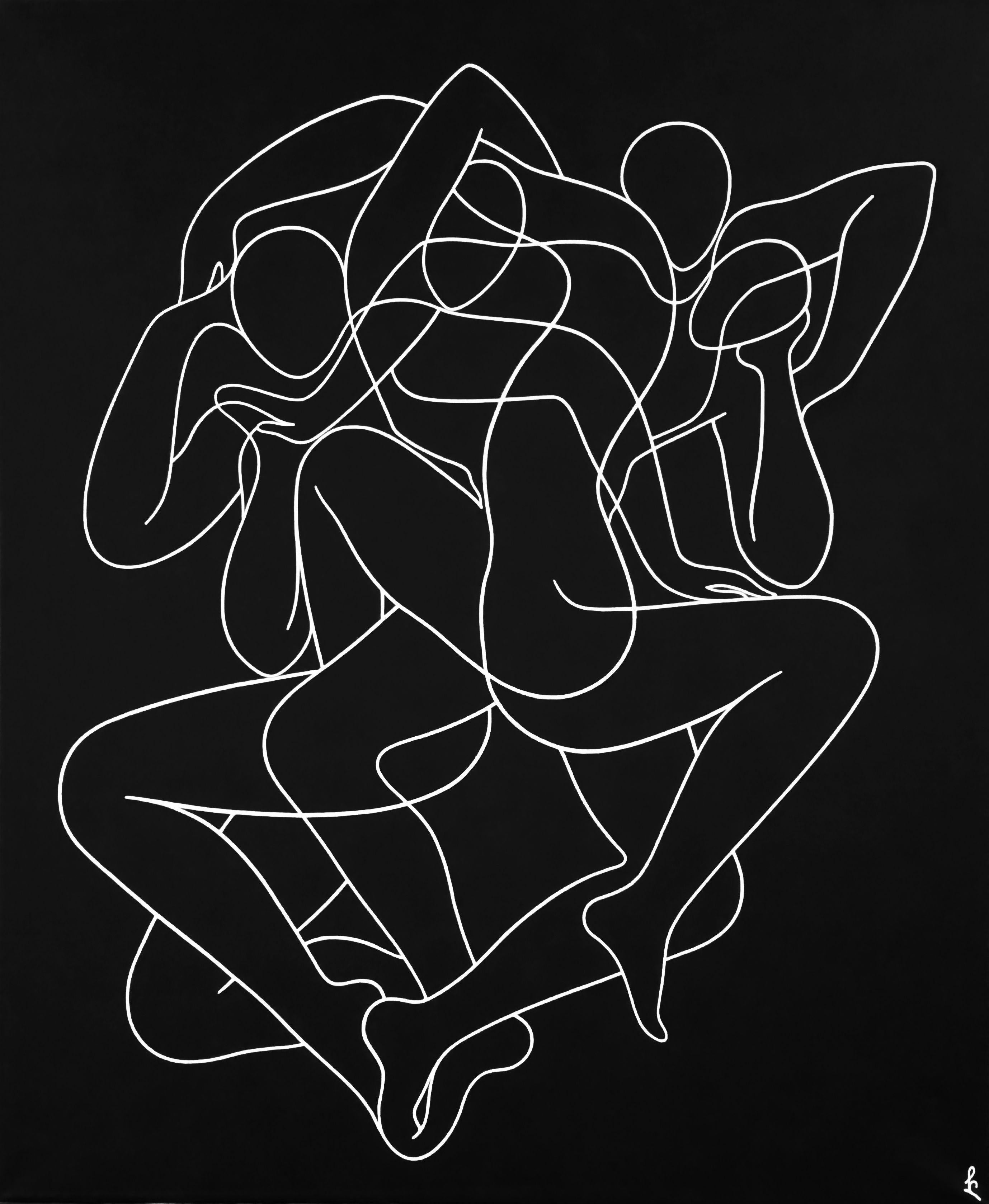 I love to create multi-figure compositions, with interlaced human figures, with interplay, interactions and transformations of human forms, with people dancing in a weightless and boundless space. I use simple line for delivering my ideas in a