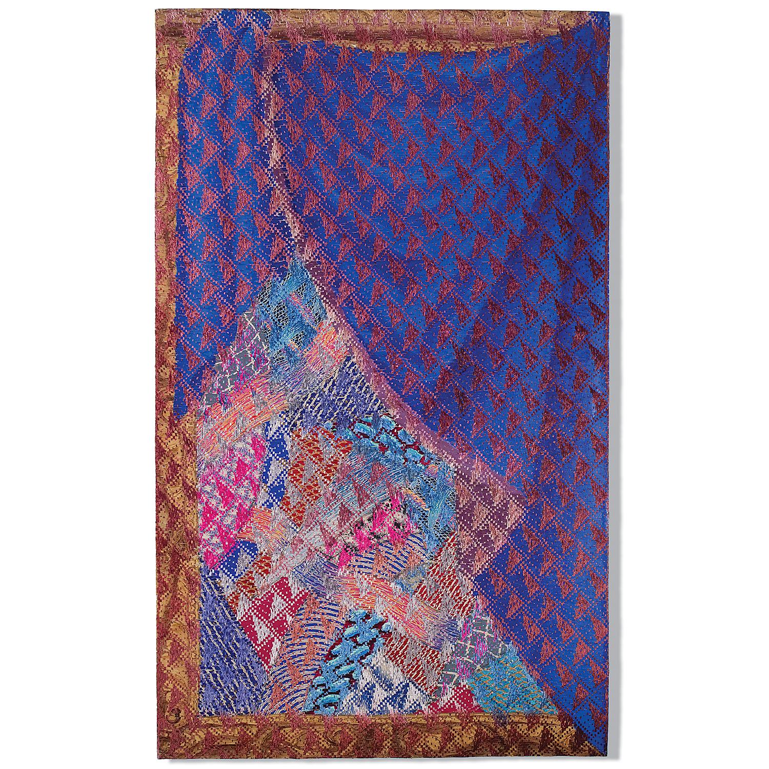 "Encadré et drapé : Material Collection", acrylique sur abaca, teintures sur rayonne ; tissé, 63" x 38", 1989.

Cette tapisserie abstraite contemporaine en techniques mixtes a été réalisée par la fibre américaine Lia Cook (née en 1942), basée en