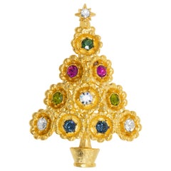 LIA Gold Christmas Tree Brooch, Festive Crystal Decorated Conifer Pin