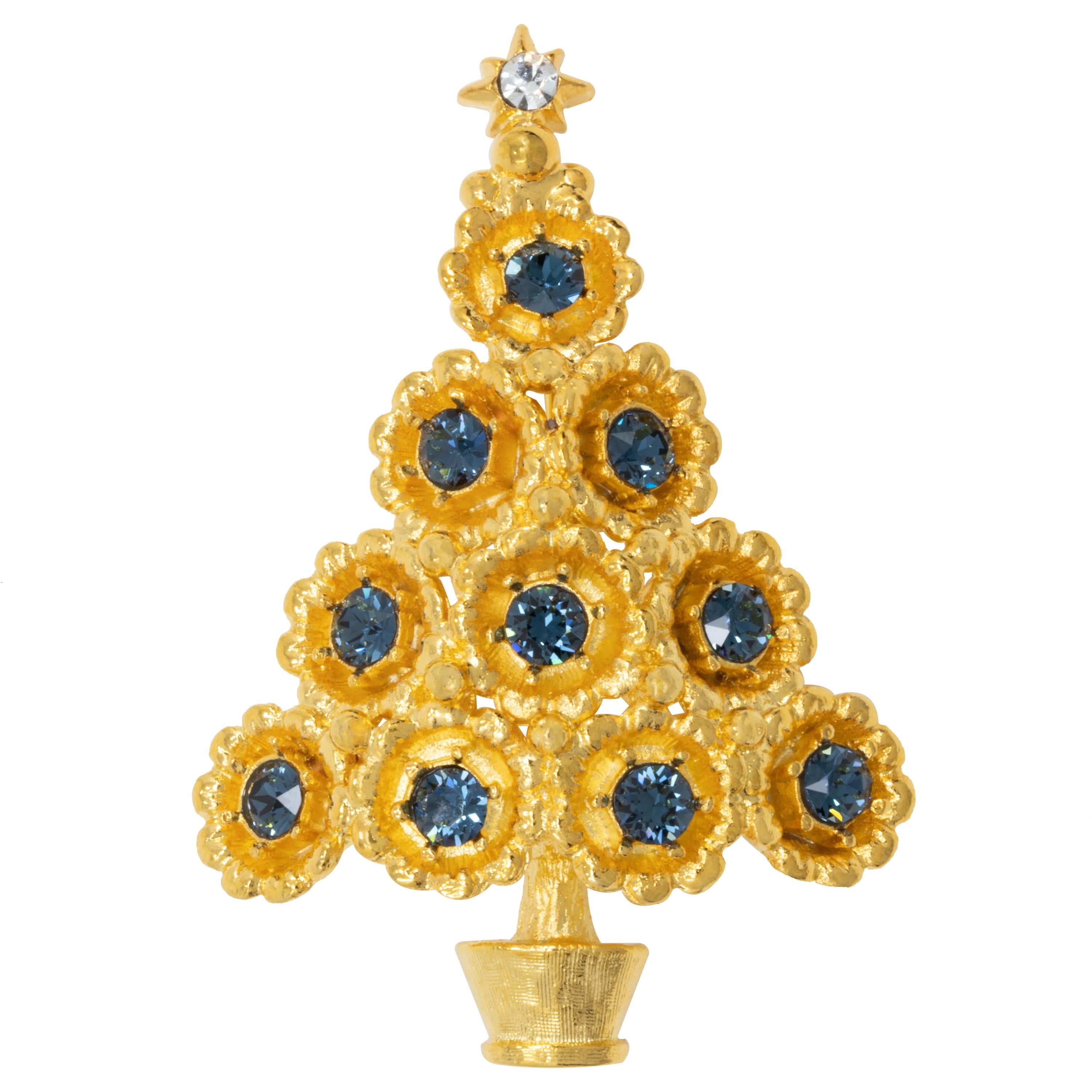 LIA Gold Christmas Tree Brooch, Festive Crystal Decorated Conifer Pin