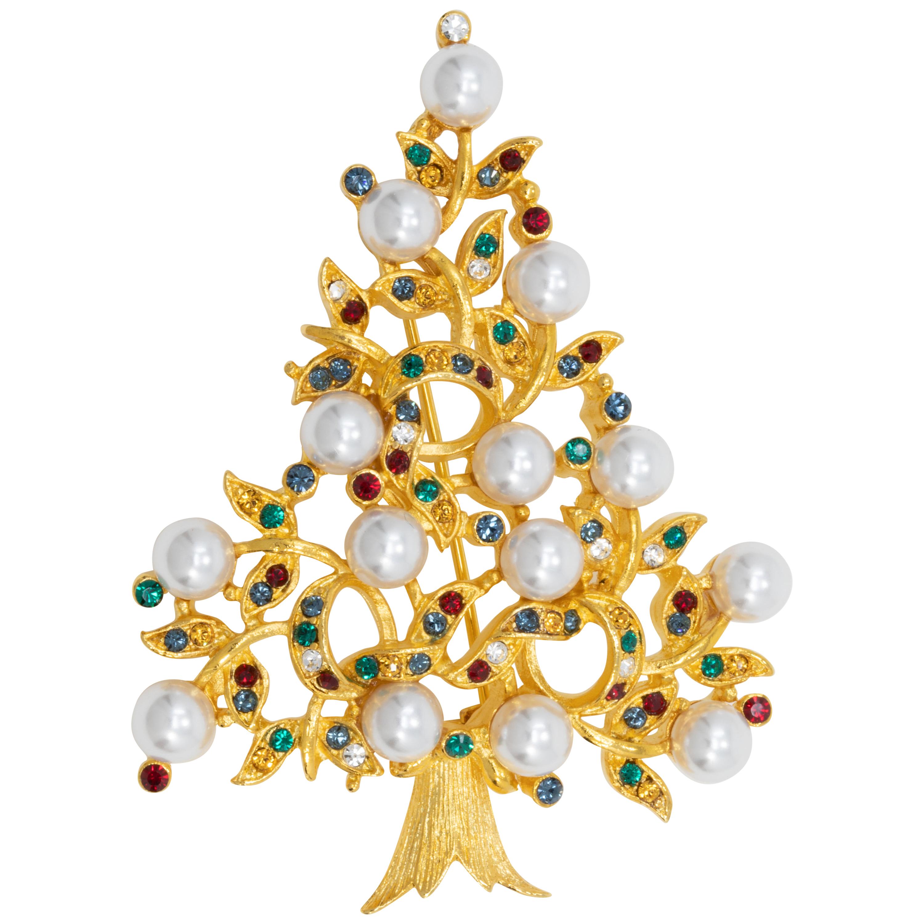 LIA Gold Christmas Tree Brooch, Festive Faux Pearl Crystal Decorated Conifer Pin