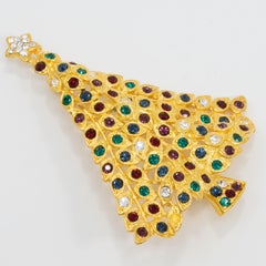 LIA Gold Christmas Tree Pin and Brooch, Colorful Crystal Ornaments