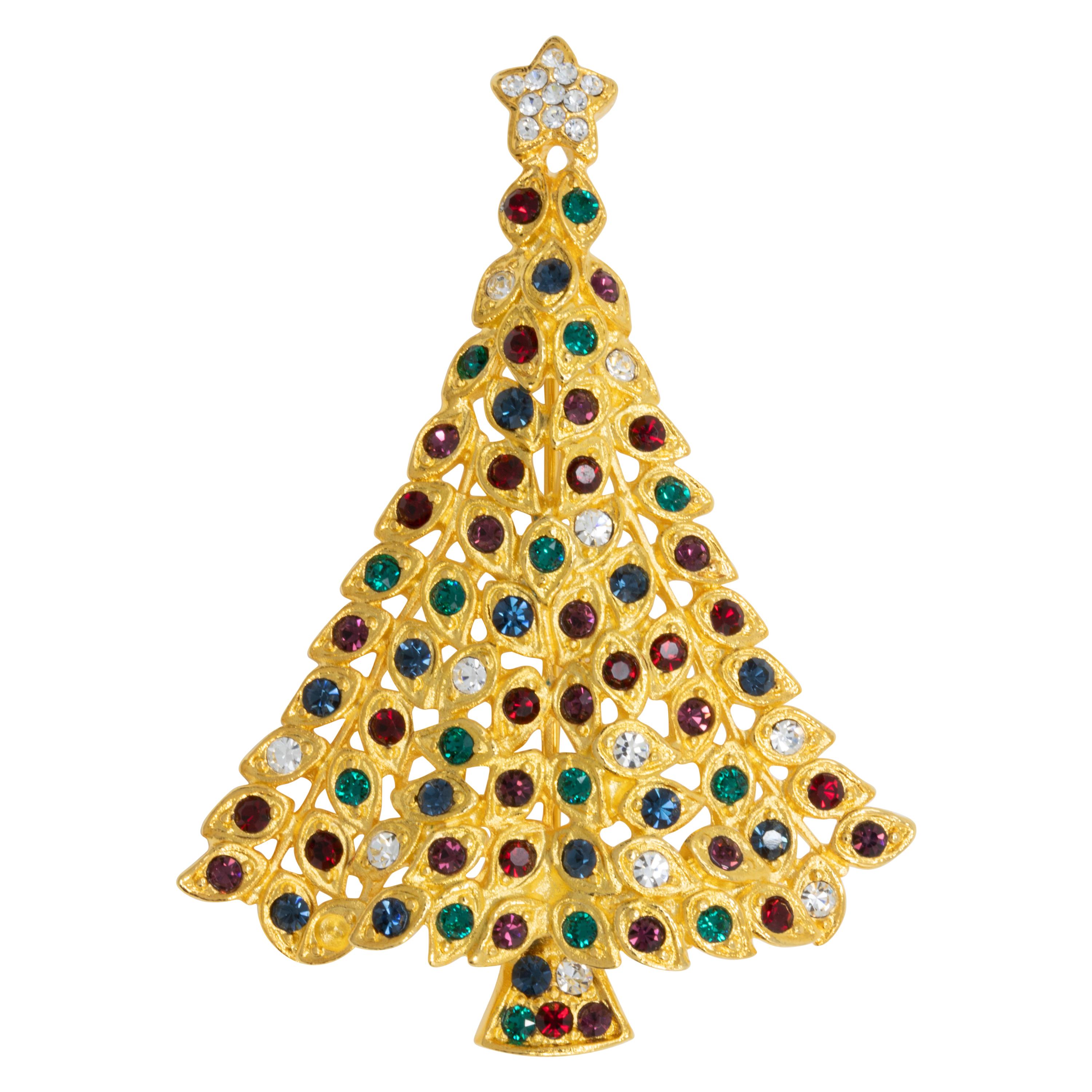 LIA Gold Christmas Tree Pin and Brooch, Colorful Crystal Ornaments