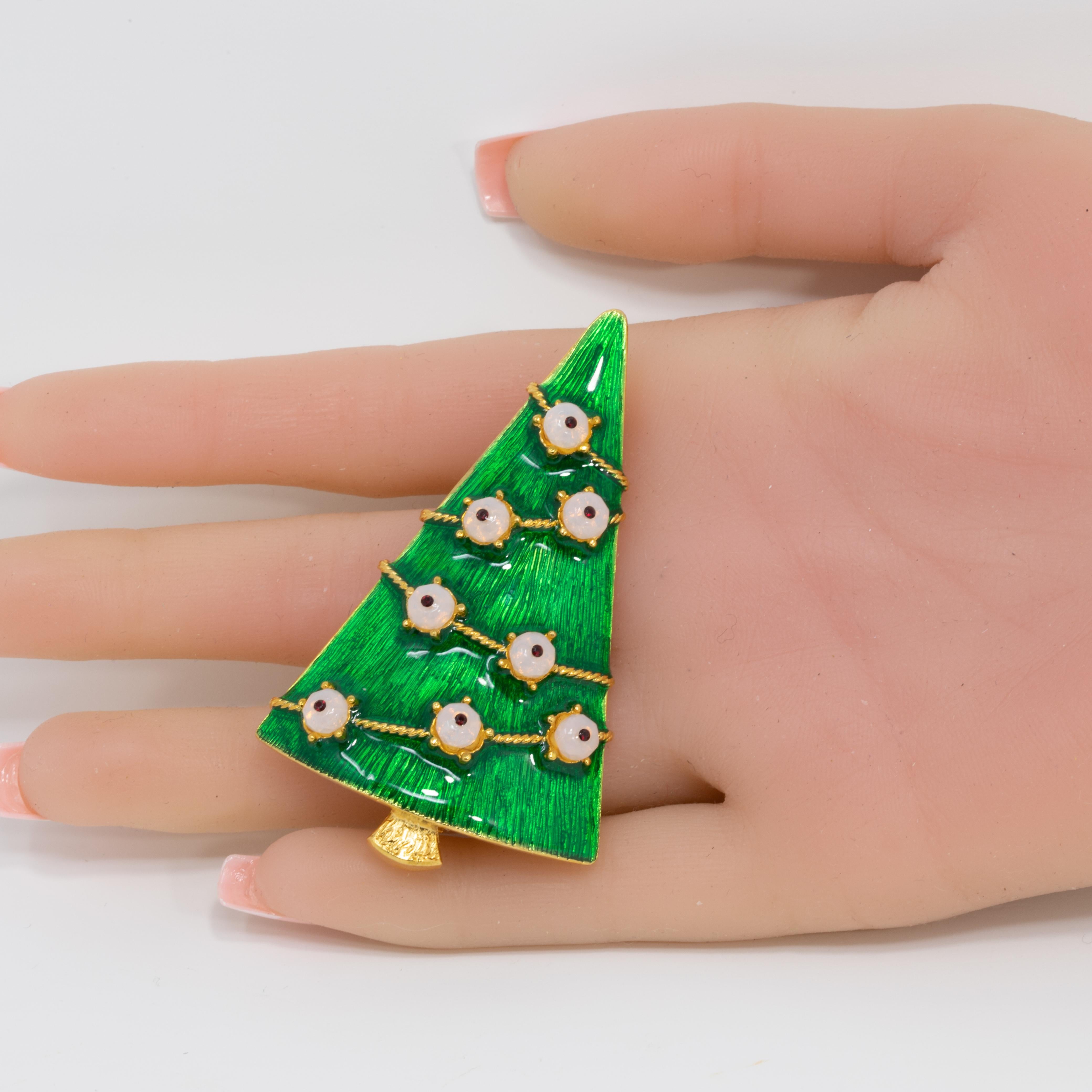 Retro LIA Gold Christmas Tree Pin and Brooch, Green Enamel, White Glass Ornaments