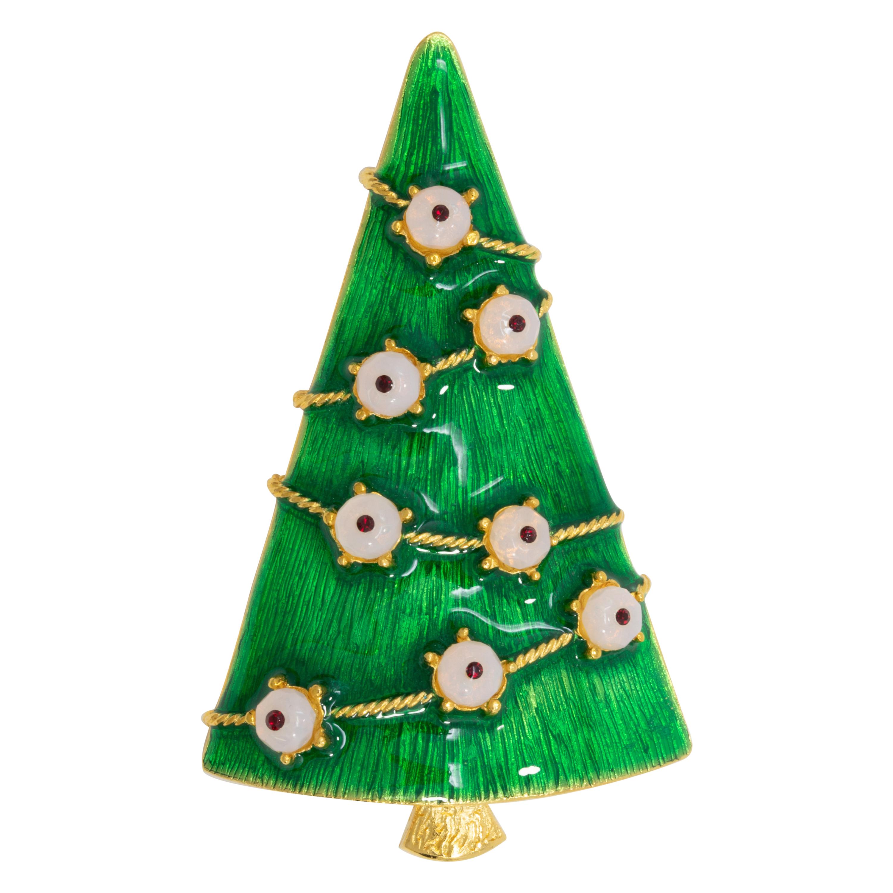 LIA Gold Christmas Tree Pin and Brooch, Green Enamel, White Glass Ornaments