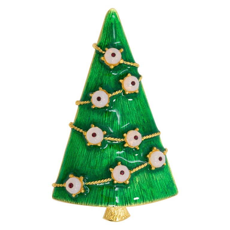 LIA Gold Christmas Tree Pin and Brooch, Green Enamel, White Glass Ornaments