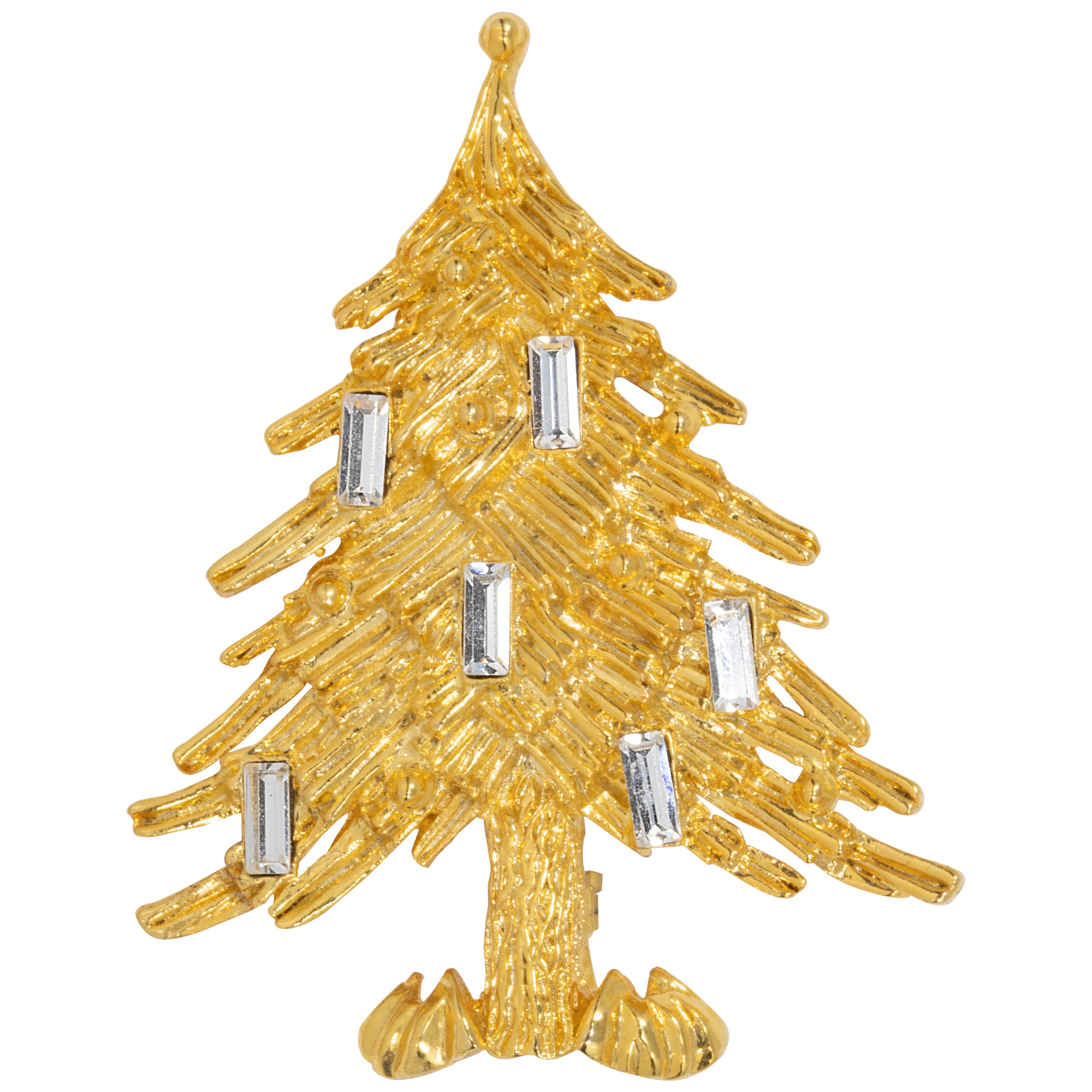 LIA Golden Christmas Tree Pin and Brooch, Clear Baguette Crystal Ornaments For Sale