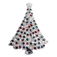 Vintage LIA Silver Christmas Tree Pin and Brooch, Colorful Crystal Ornaments