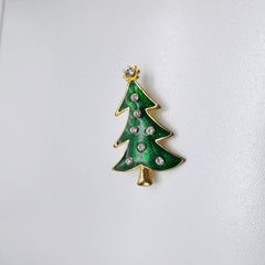 LIA Vintage Green Enamel Christmas Tree Brooch with Rhinestone Accents in Gold