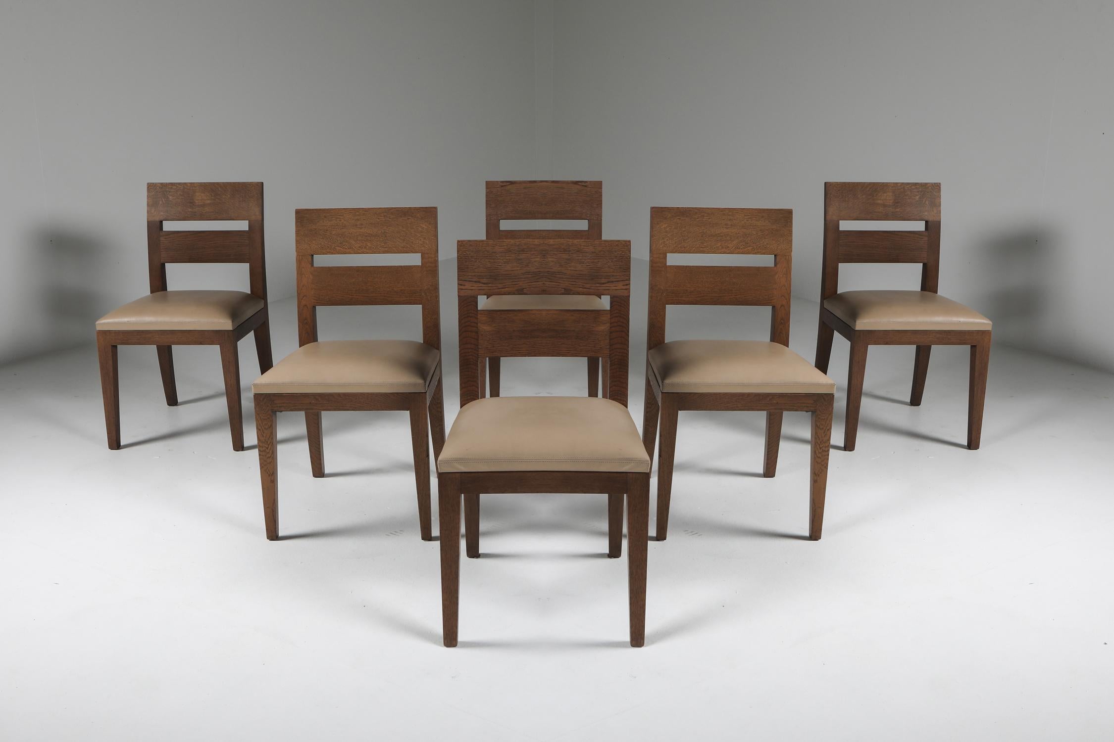 Christian Liaigre, dining chairs, solid oak, beige leather, France, 1999

Christian Liaigre was a French interior designer and architect.
Born into a family from Vendée, Liaigre entered the École nationale supérieure des Beaux-Arts and the École