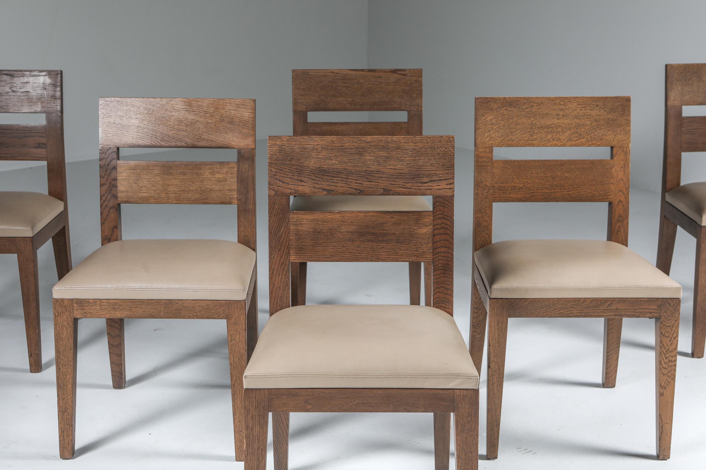 French Liaigre Dining Chairs in Stained Oak and Leather