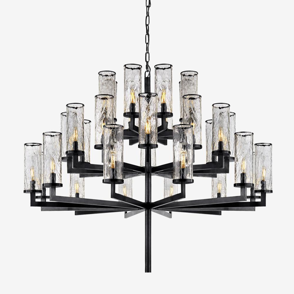 American Liaison Triple Chandelier in Burnished Brass & Crackle Glass by Kelly Wearstler