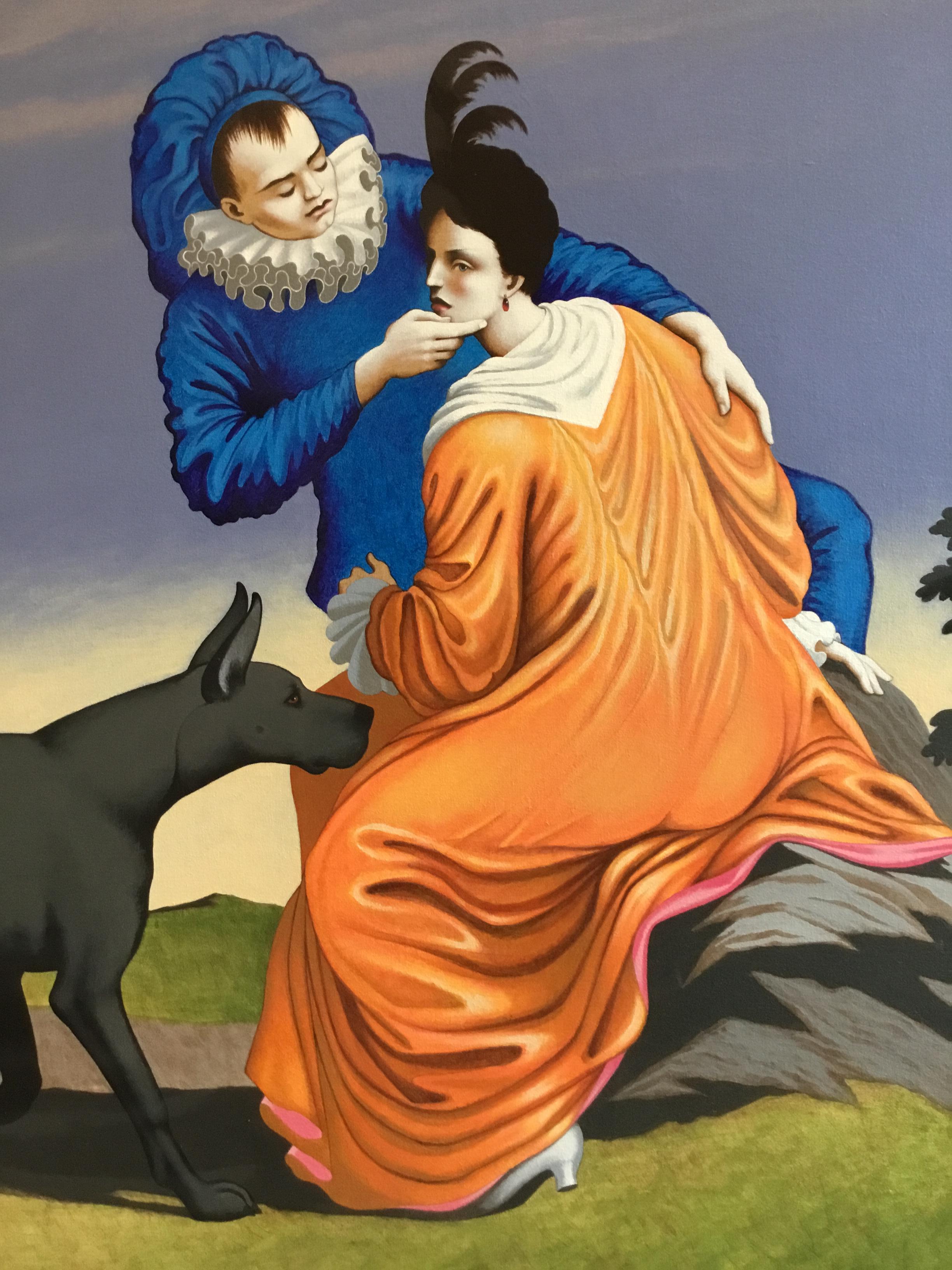 LIAISONS I
Original painting by Lynn Curlee
One of a series of eight paintings based upon 17th century French engravings.
Each painting includes a man, a woman, and a dog.
Mr Curlee is a gallery painter, and author/illustrator of award winning