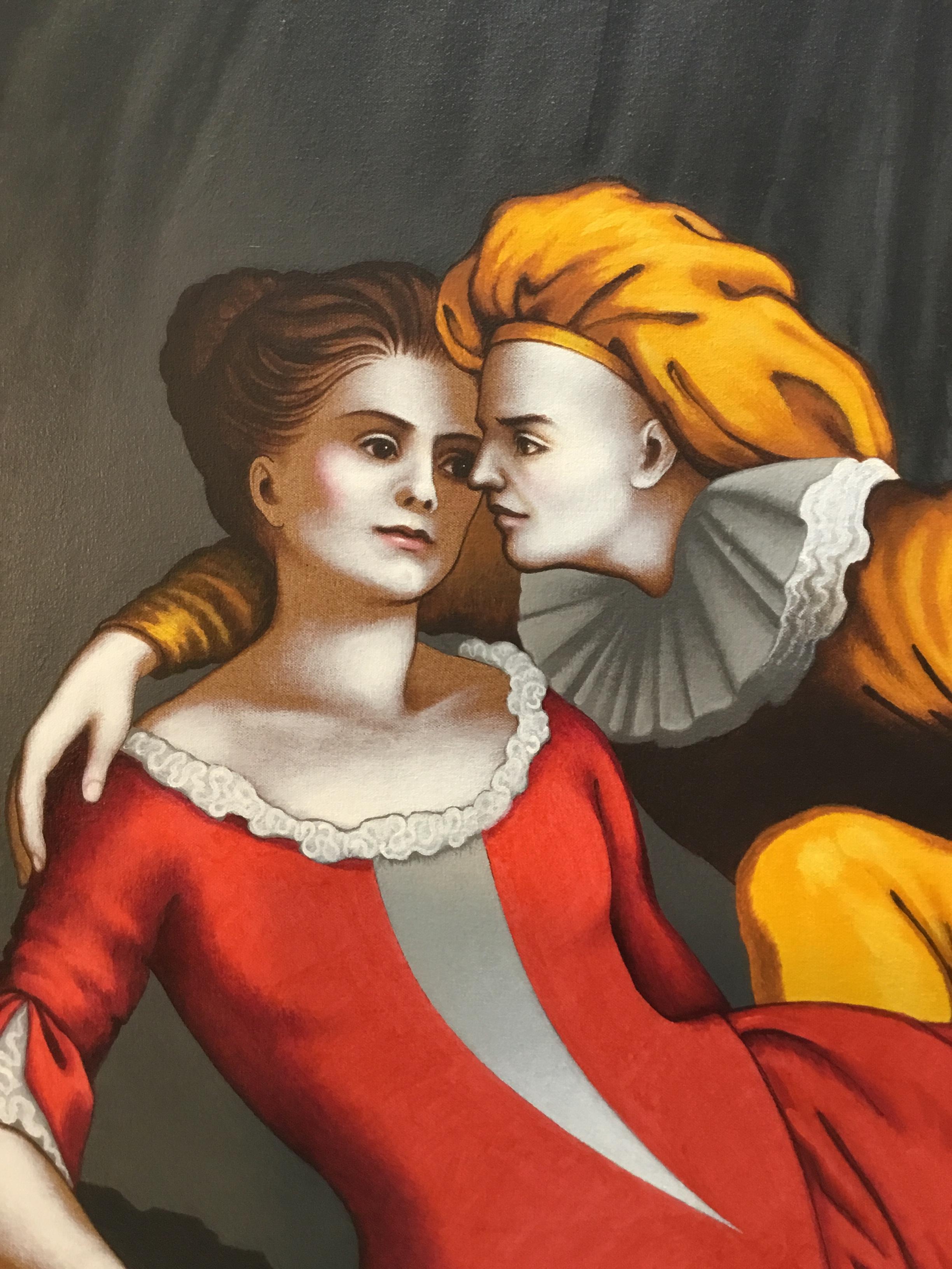 Liaisons V
Original painting by Lynn Curlee
One of a series of eight paintings based upon 17th century French engravings.
Each painting includes a man, a woman, and a dog.
Mr Curlee is a gallery painter, and author or illustrator of award