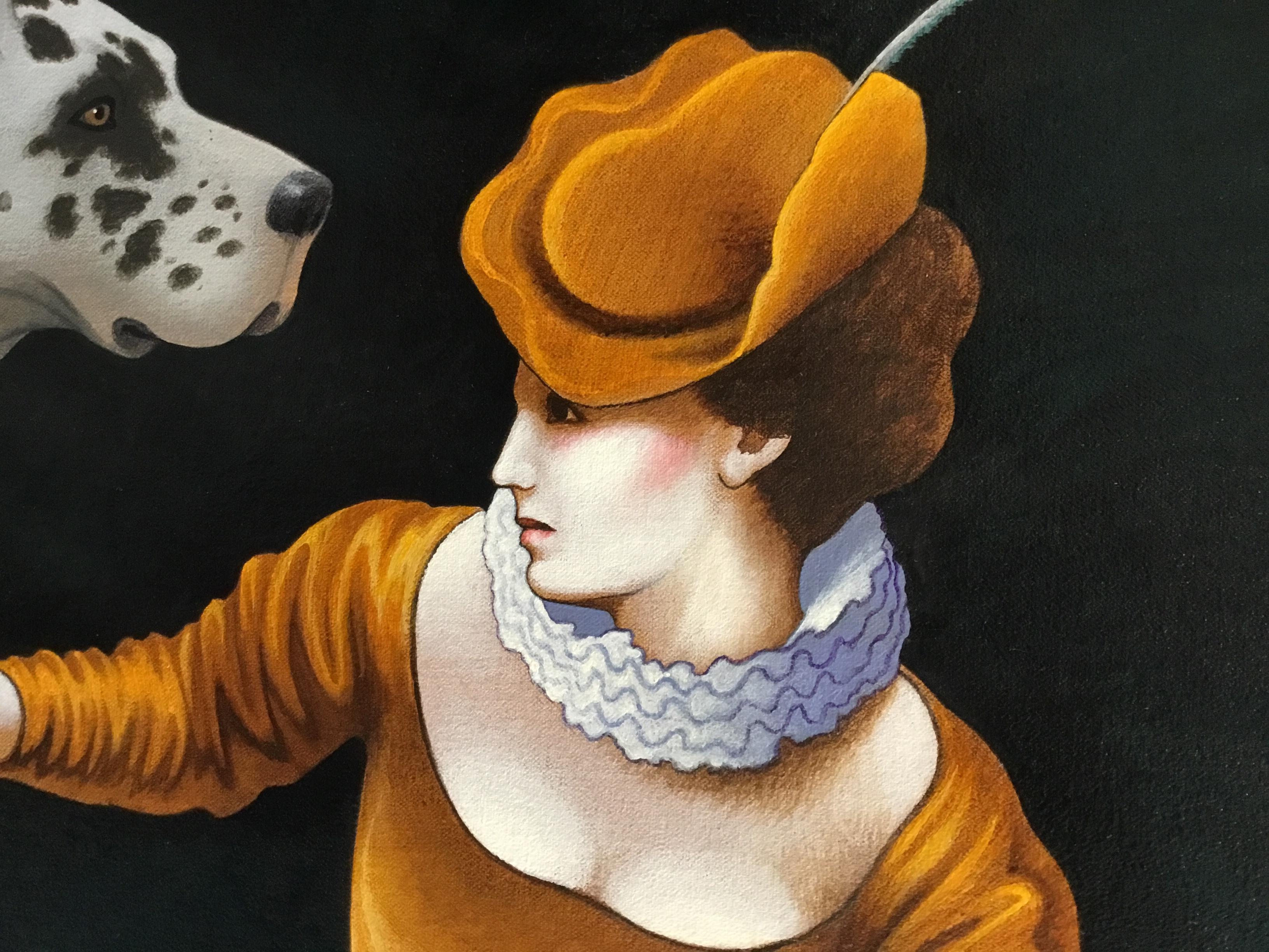 Liaisons VII
Originalgemälde von Lynn Curlee
Eines von acht Gemälden, die auf französischen Kupferstichen aus dem 17.
Jedes Bild zeigt einen Mann, eine Frau und einen Hund.
Herr Curlee ist Galerist und Autor bzw. Illustrator von preisgekrönten