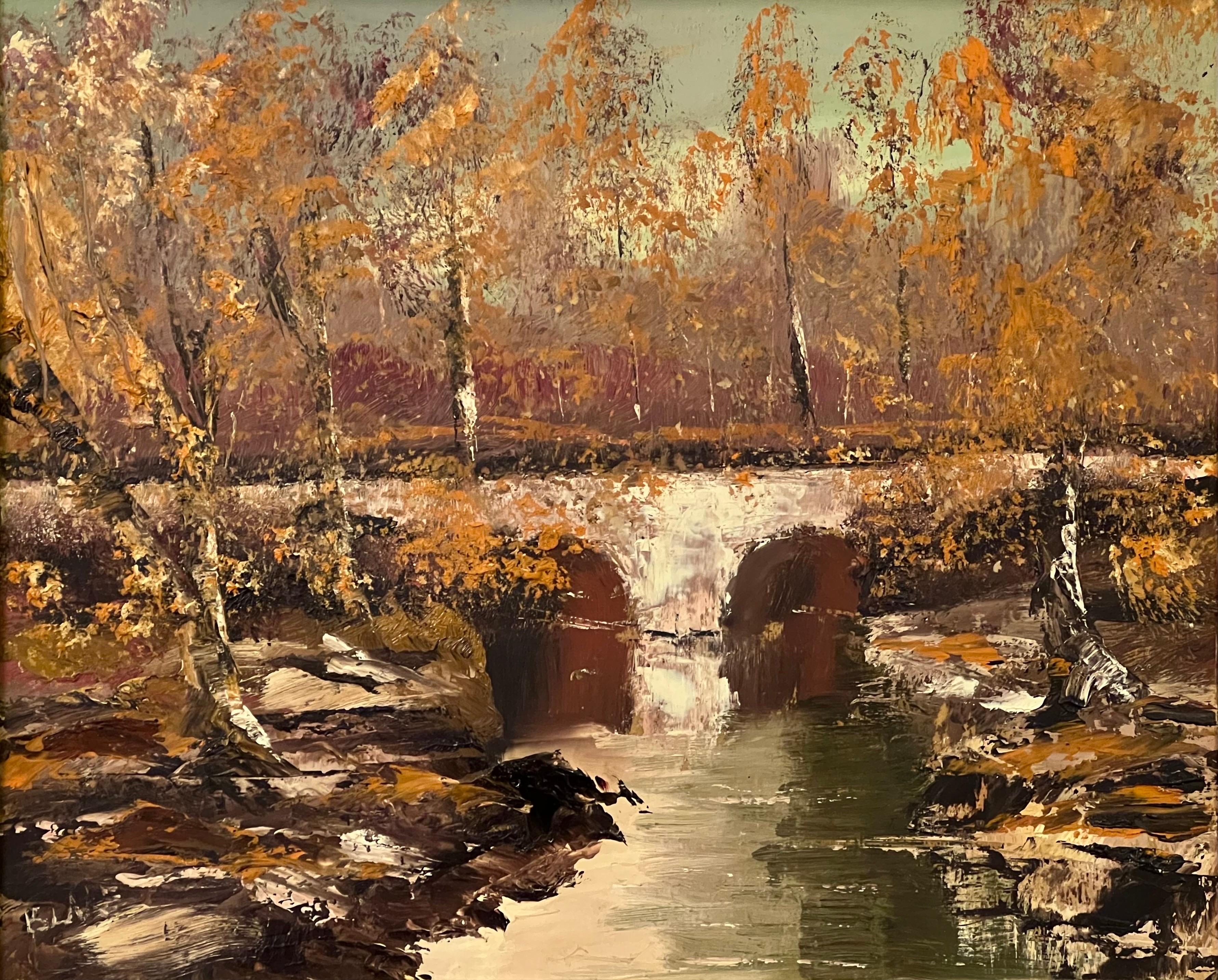 Pittura ad olio originale ad impasto di un paesaggio fluviale autunnale di un artista irlandese in vendita 5