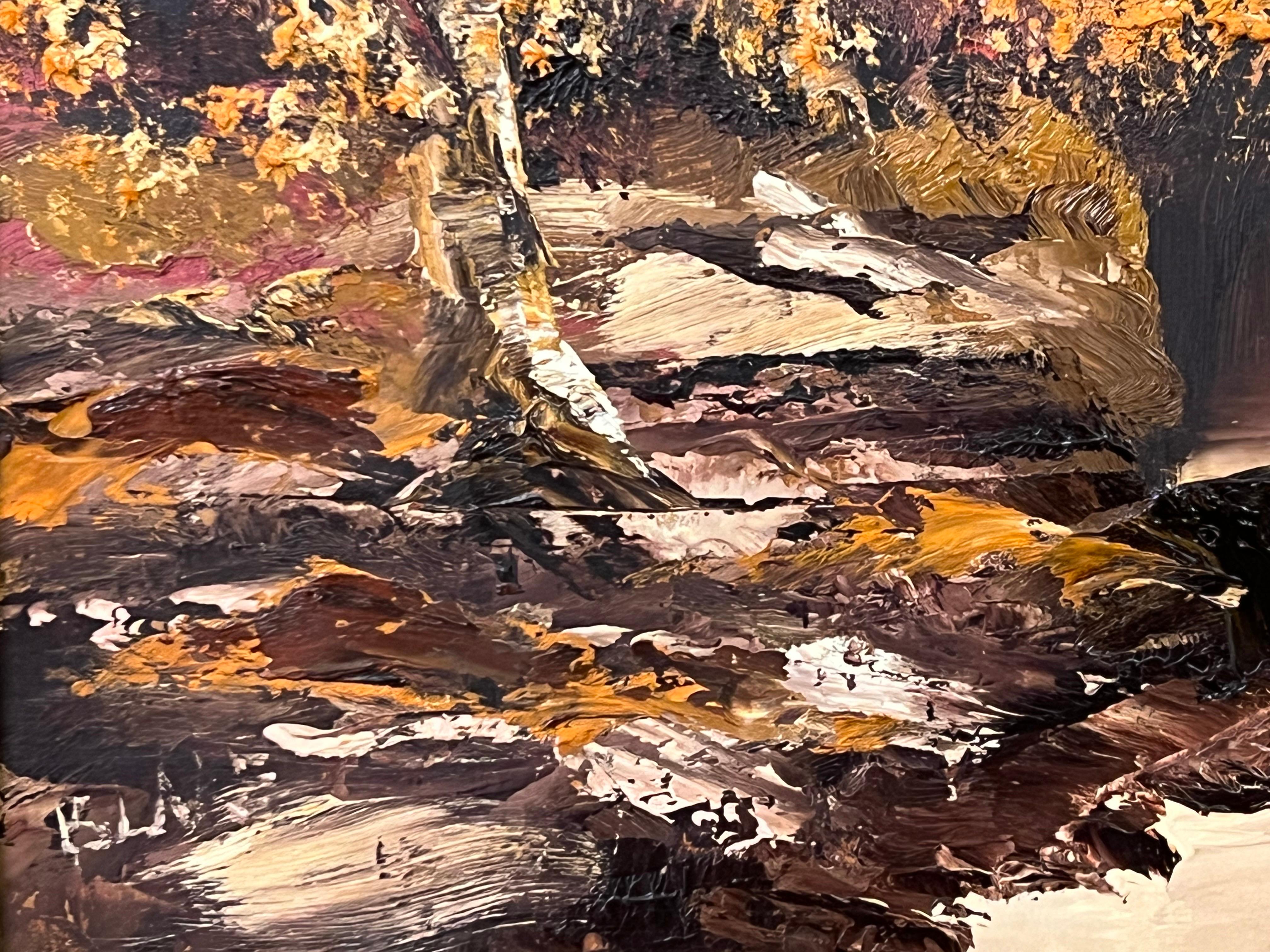 Peinture à l'huile originale d'un paysage de rivière d'automne par un artiste irlandais en vente 8