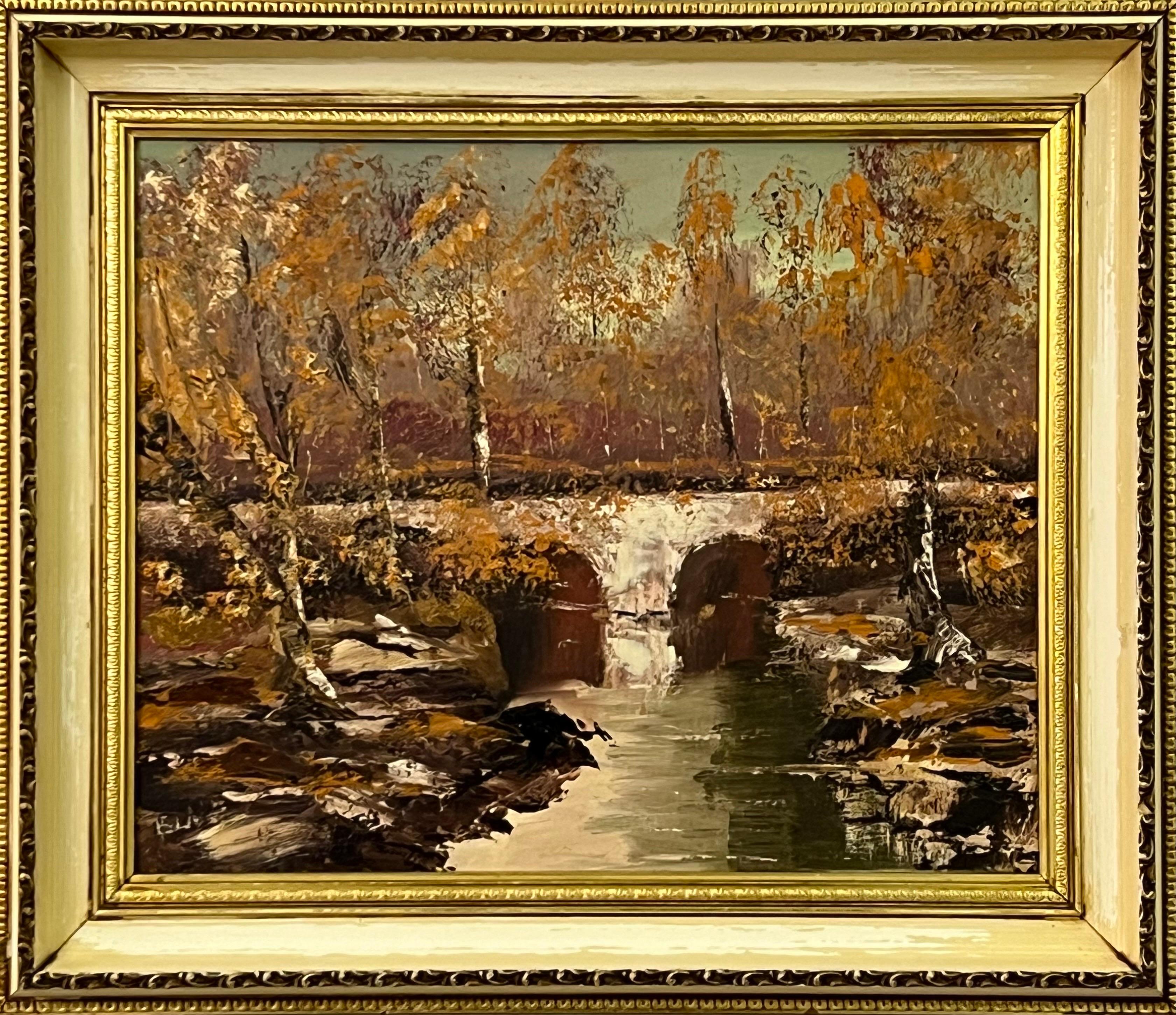 Abstract Painting di Liam Blake - Pittura ad olio originale ad impasto di un paesaggio fluviale autunnale di un artista irlandese