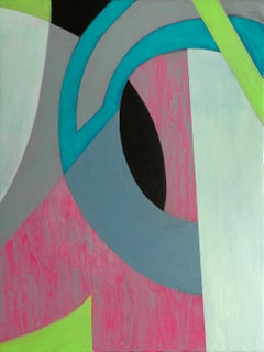 Curve of Intersection, pink and blue abstract painting on panel