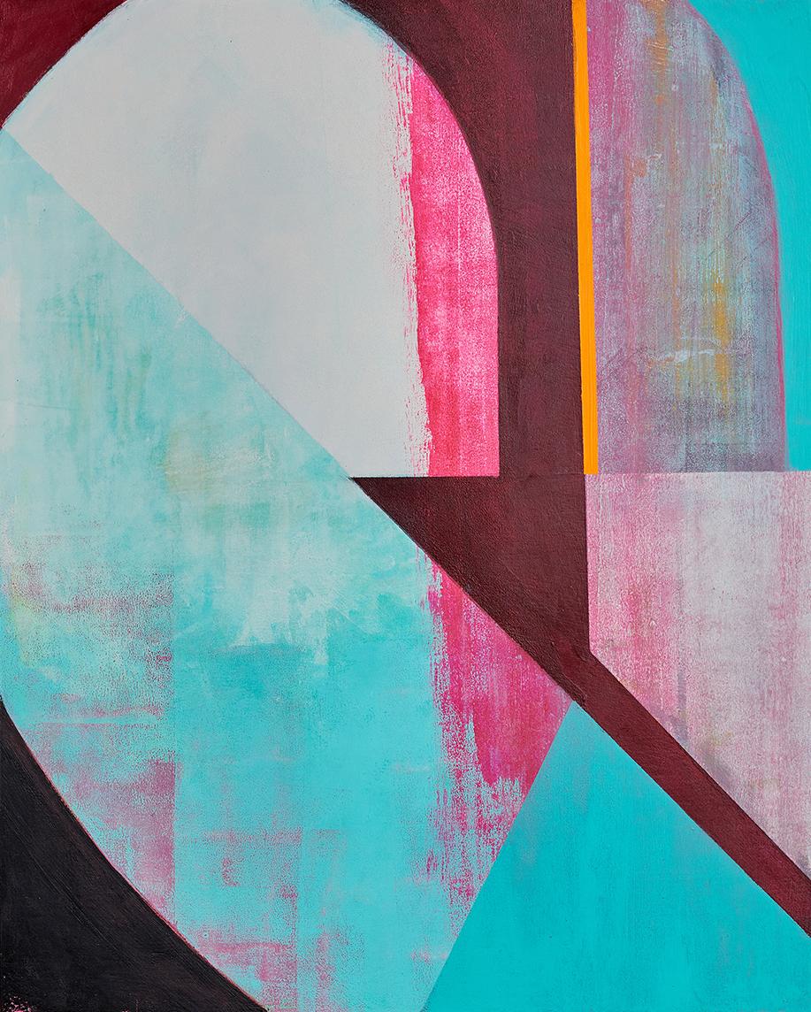 Abstract Painting di Liane Ricci - Indicatore, dipinto astratto blu e rosa su pannello