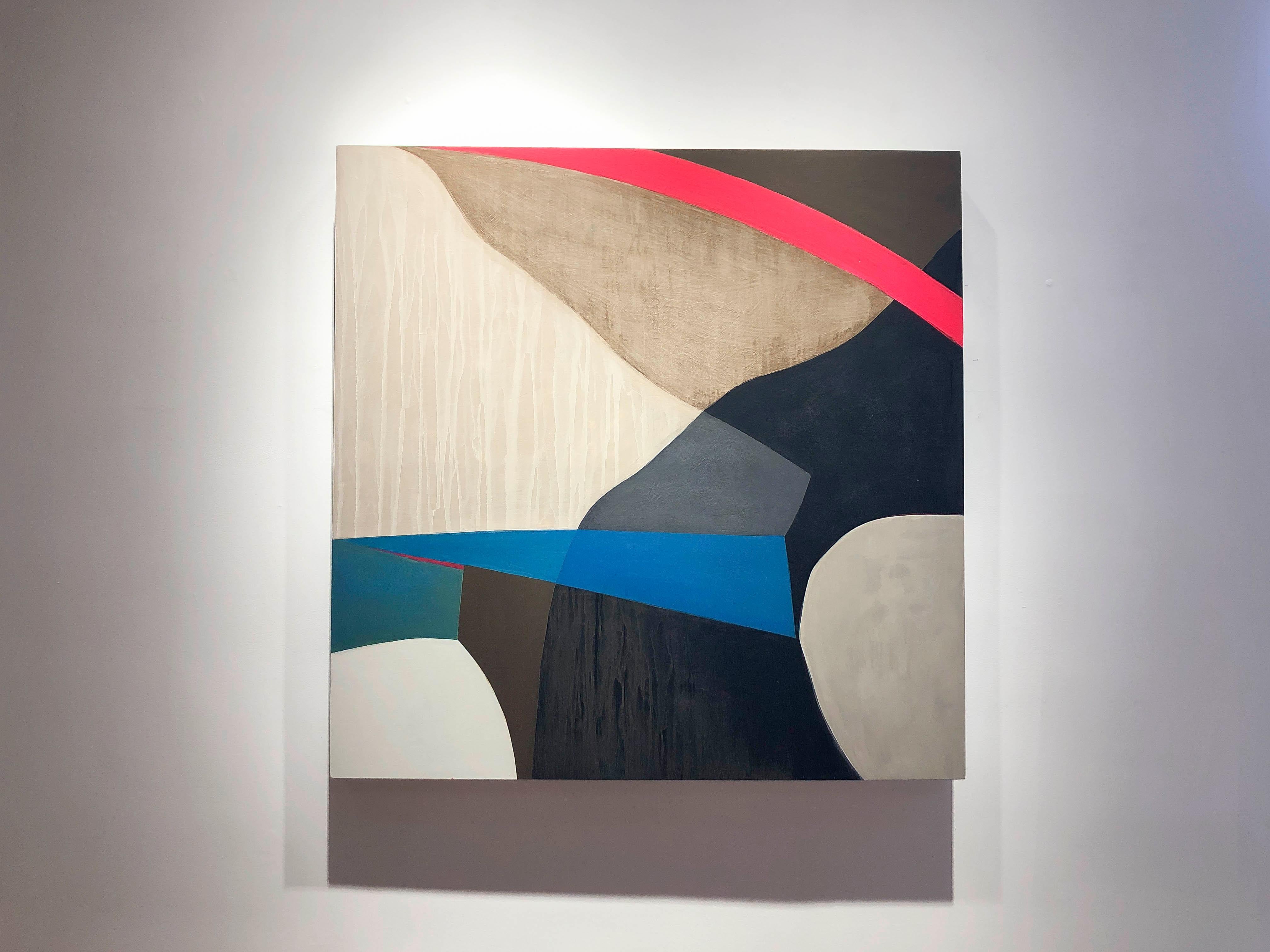 Peinture technique abstraite neutre, bleue et rouge sur panneau - Abstrait Painting par Liane Ricci