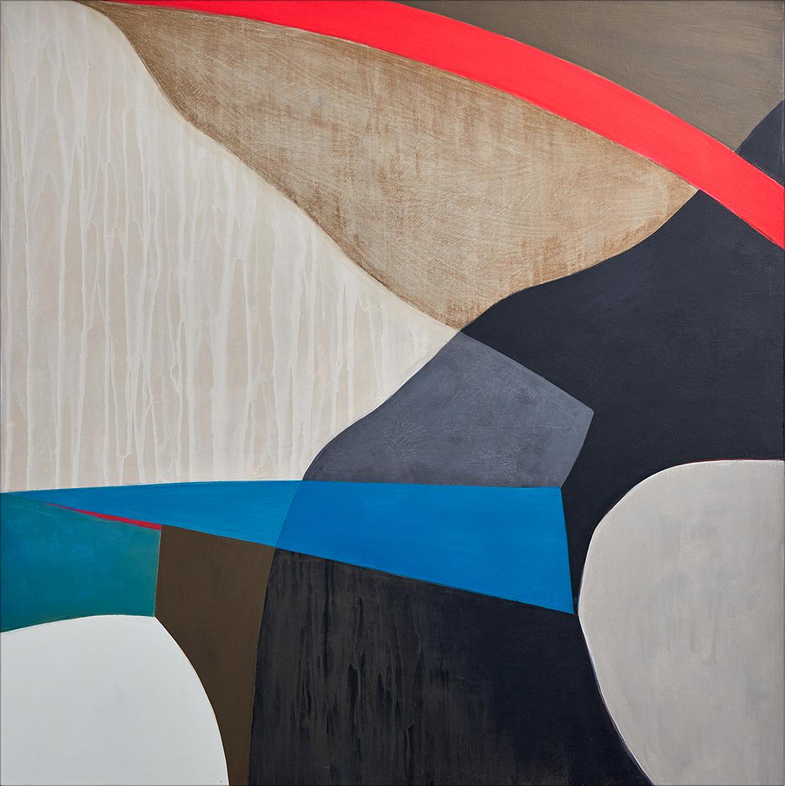 Median, abstract neutral, blue and red painting on panel