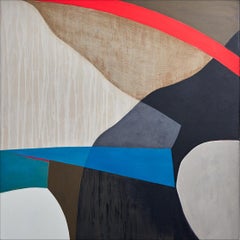 Peinture technique abstraite neutre, bleue et rouge sur panneau