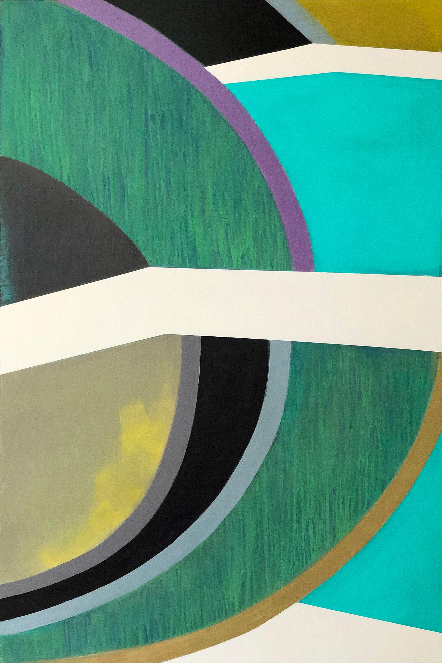 Liane Ricci Abstract Painting - Plane Division, teal and green abstract painting on panel