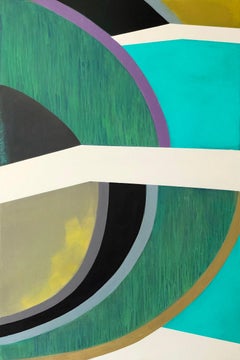 Plane Division, teal and green abstract painting on panel