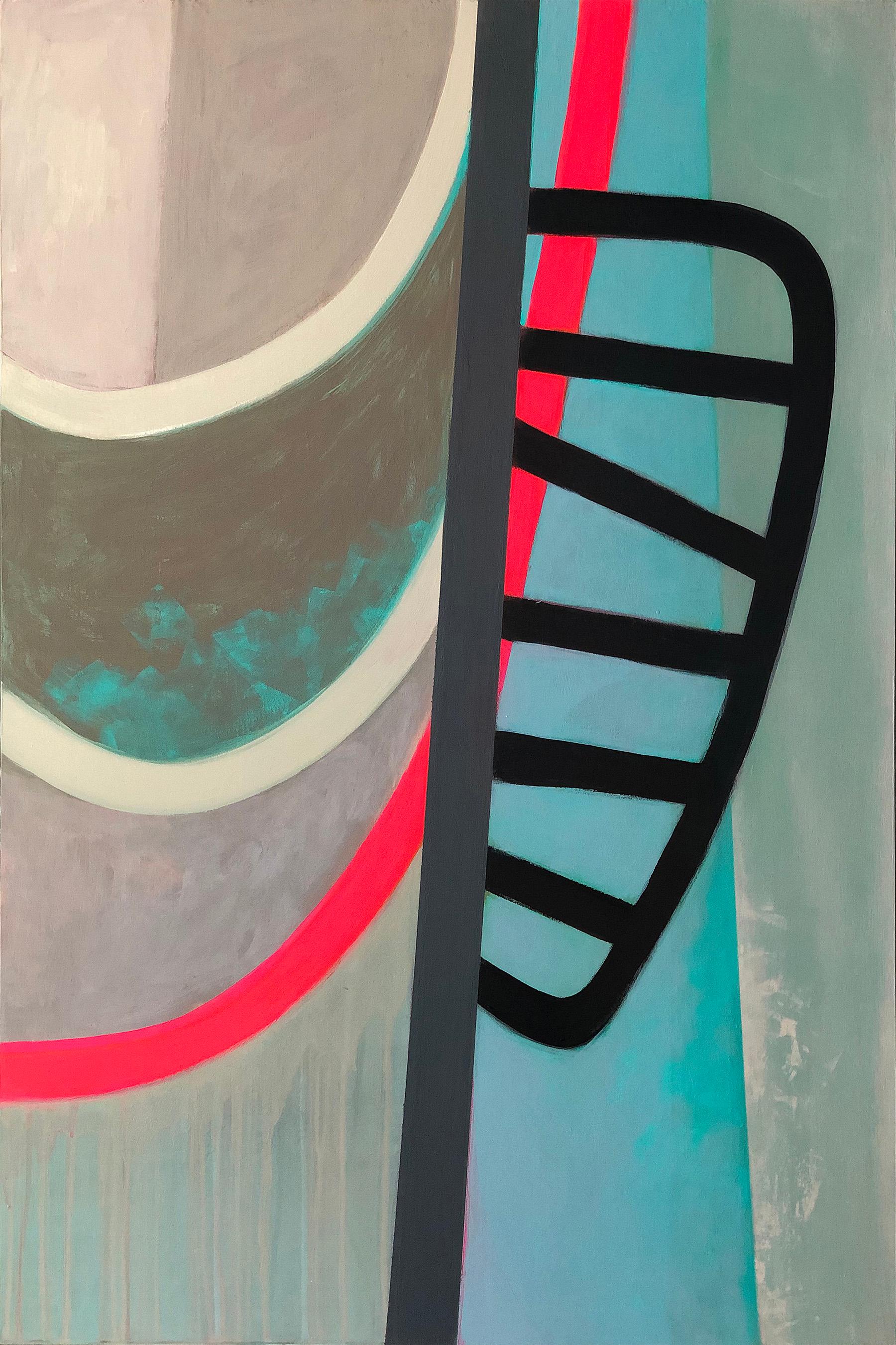 Liane Ricci Abstract Painting - The Bridgekeeper, teal and red abstract painting on panel