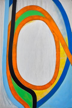 Twist Route, blue and orange abstract painting on panel