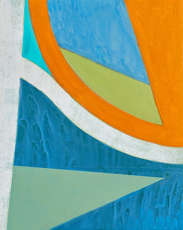 Liane Ricci Abstract Painting – Abstraktes blaues und orangefarbenes Gemälde auf Tafel „Wagen in Arms“