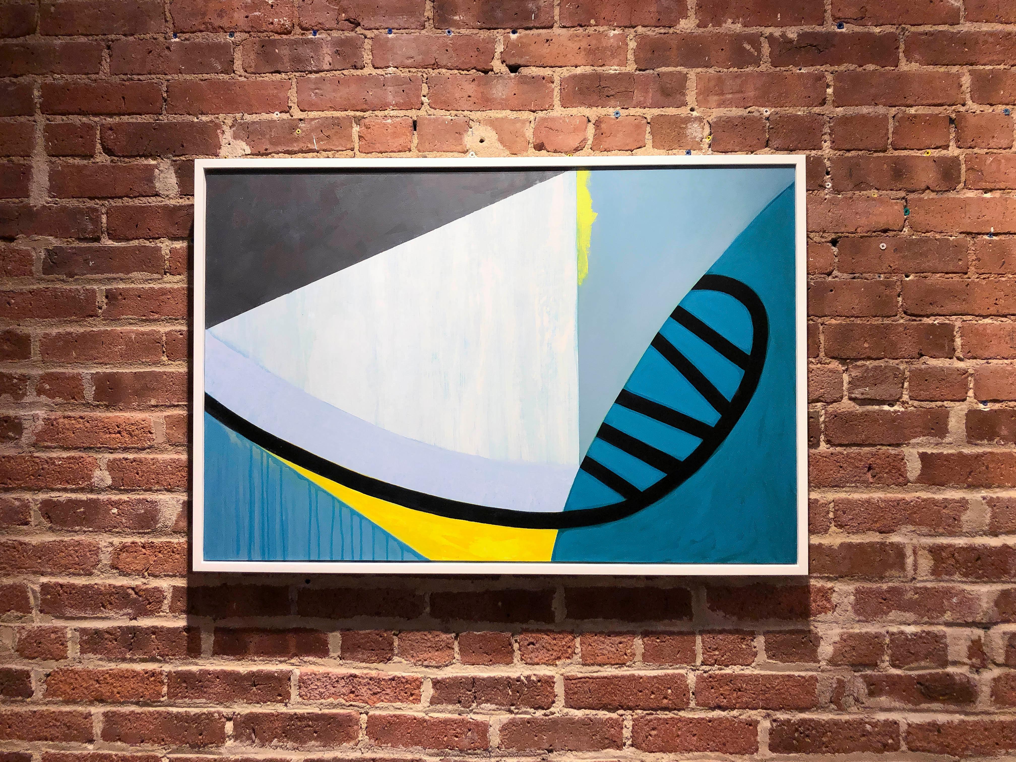 Viaduct, abstraktes blaues und gelbes Gemälde auf Tafel (Abstrakt), Painting, von Liane Ricci