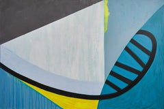 Viaduct, abstract blue and yellow painting on panel