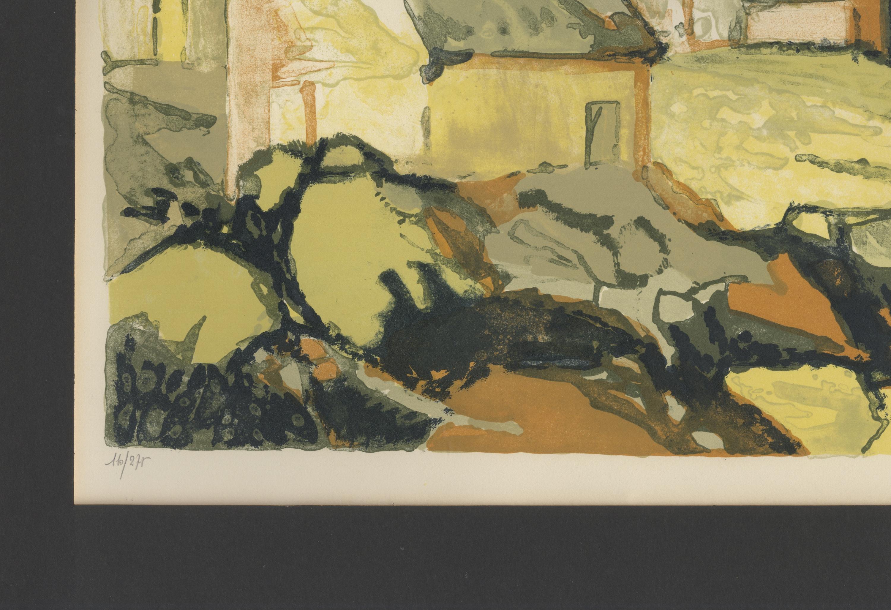 Case e chiesa nella campagna francese (scena di un villaggio caratteristico) - Painting Contemporaneo di Éliane Thiollier