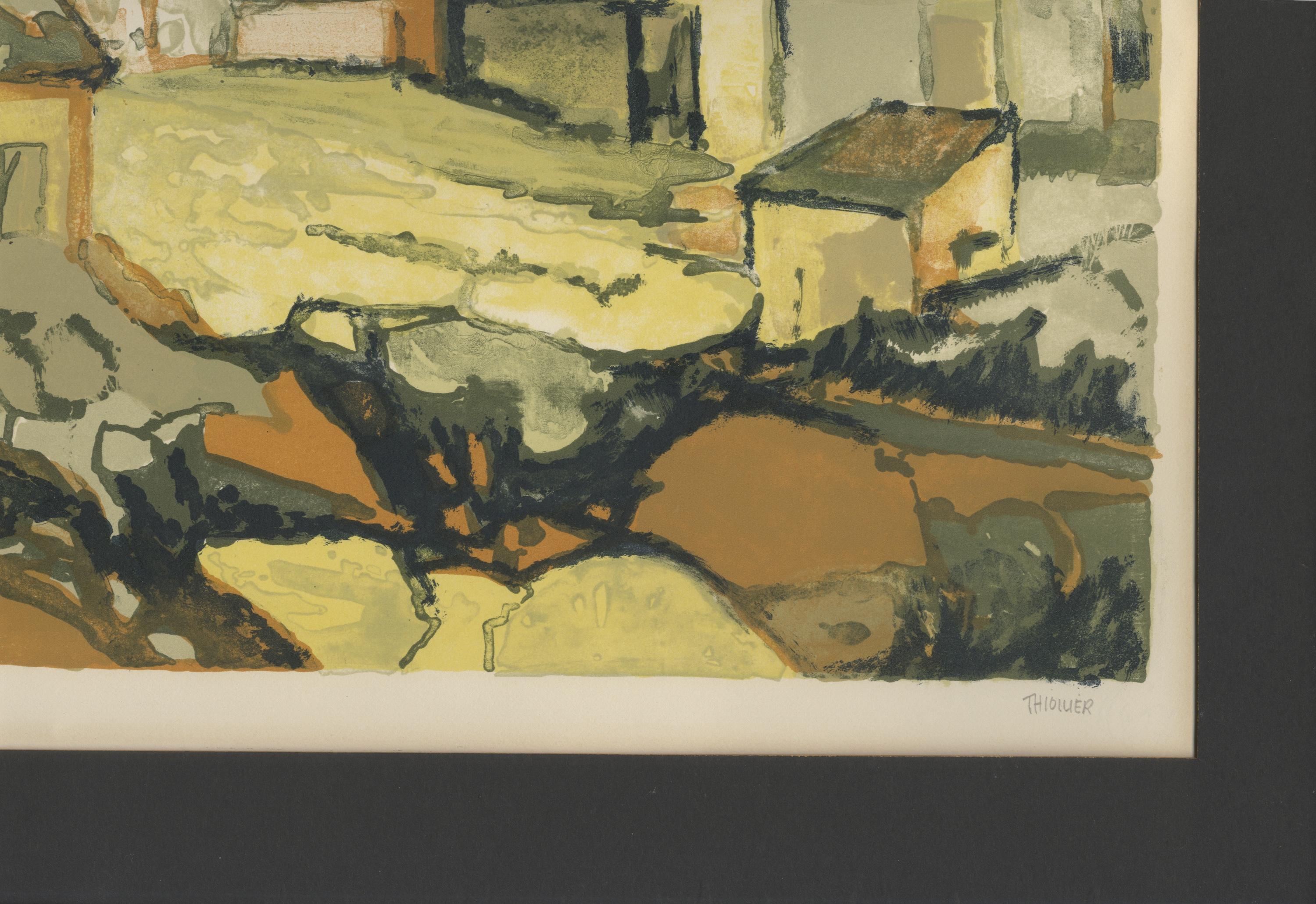 Case e chiesa nella campagna francese (scena di un villaggio caratteristico) - Abstract Painting Marrone di Éliane Thiollier